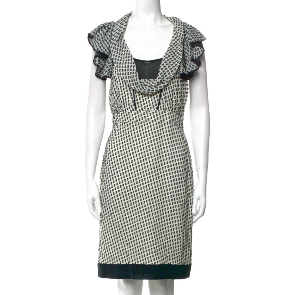 Zac Posen Silk Chiffon Swiss Dot 40’s Style Sheath Dress Black Cream 6